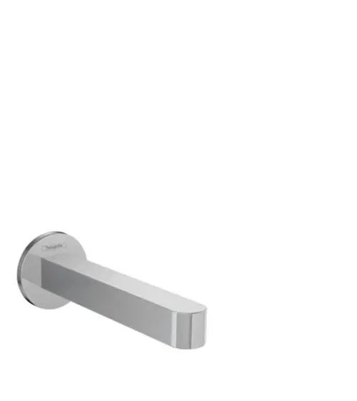 Chromfarbener Auslauf von Hansgrohe, mit geradlinigem Design und runder Wandbefestigung, zur Verwendung in Badewannen.